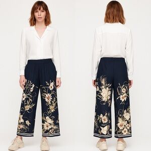 Aritzia Little Moon Abelia Wide Leg Floral Pants Navy Blue